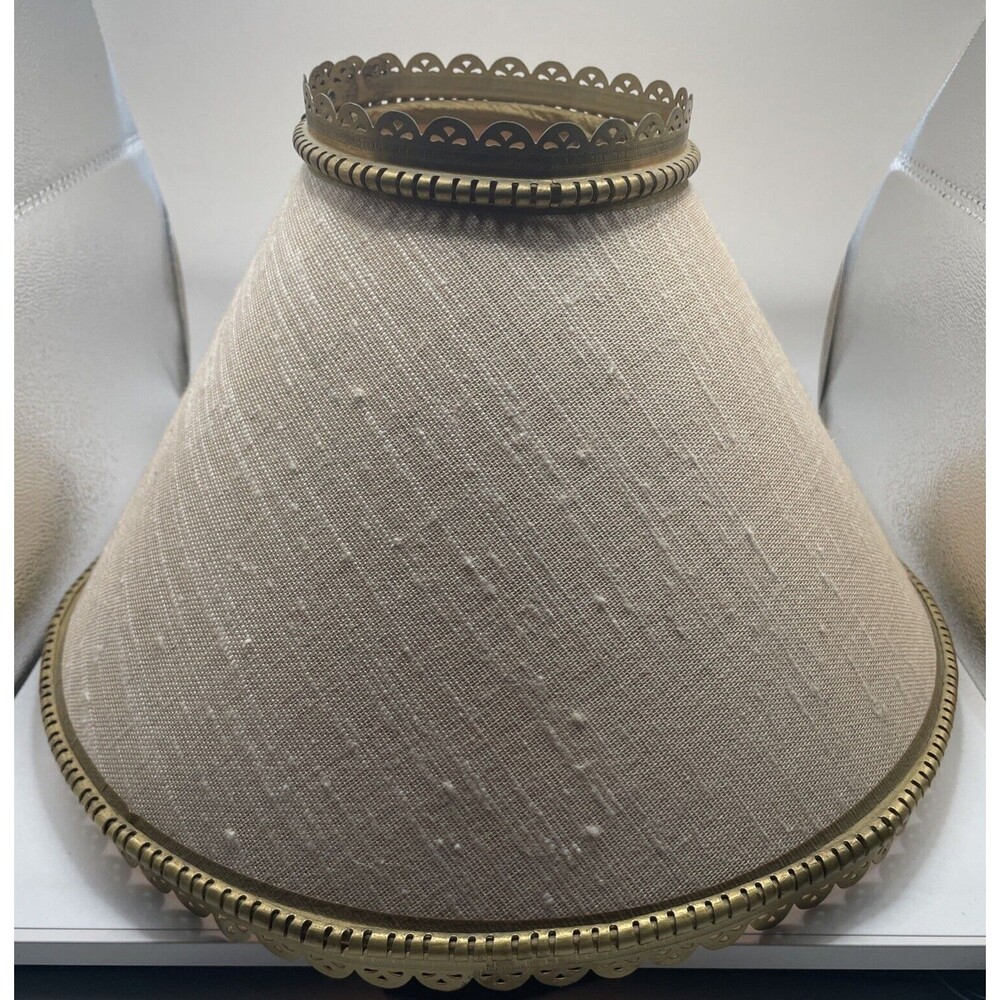 vtg lamp shade fabric with metal edges trim clip on mid century neutral empire